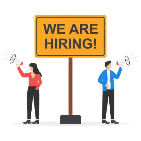 HR Recruiting Announcement We Are Hiring Advertisement Human Resources Or Employer Looking For Candidate For Job Vacancy Concept Business People HR With Megaphone Holding We Are Hiring Sign Illustration