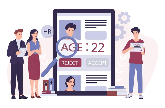 Recruitment Ageism Concept HR Specialist Reject An Young Man Cv Unfairness And Employment Problem Of Young Adults Human Resources Department Dont Hire People Aged 20 Isolated Vector Illustration Illustration