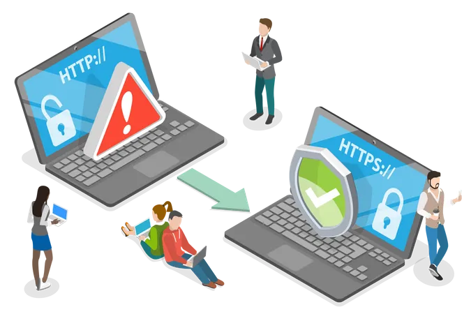 Ilustracion Conceptual De Vector Plano Isometrico 3 D Del Protocolo HTTP Vs HTTPS Cifrado De Certificado SSL Seguro Ilustración