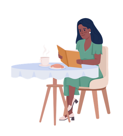 Hübsche Frau liest ein Buch und trinkt allein Kaffee  Illustration