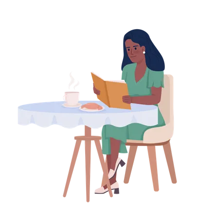 Hübsche Frau liest ein Buch und trinkt allein Kaffee  Illustration