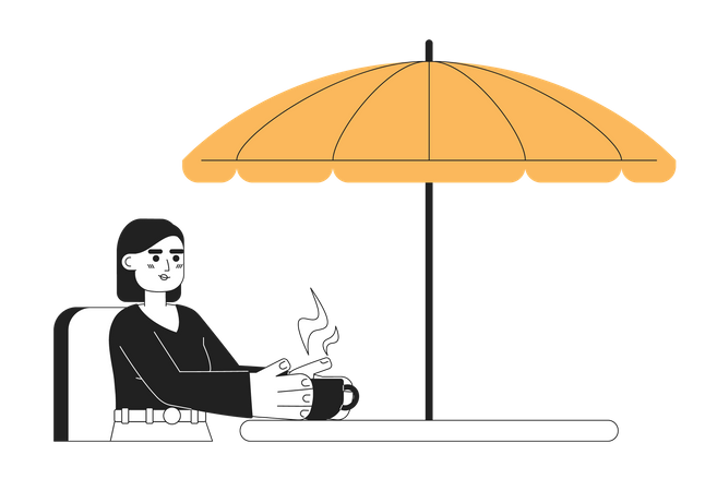 Hübsche Frau sitzt draußen mit Kaffeetasse  Illustration