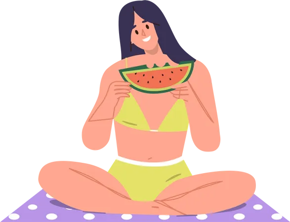 Ziemlich glücklich lächelnde Frau isst Wassermelone am Strand  Illustration