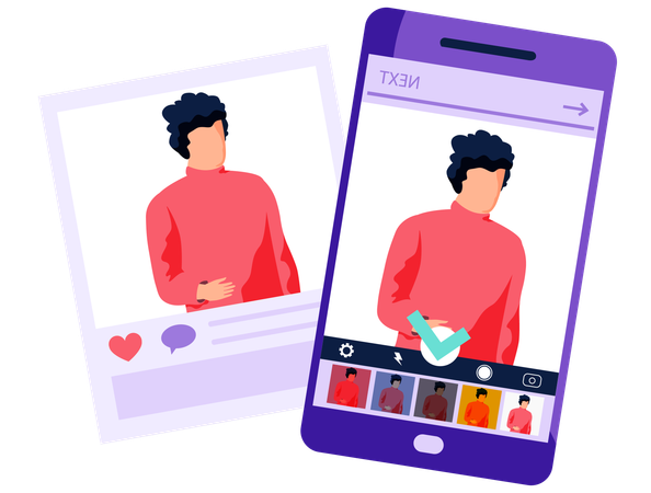 Hübscher Mann im roten Pullover am Telefon in Bearbeitungs-App  Illustration