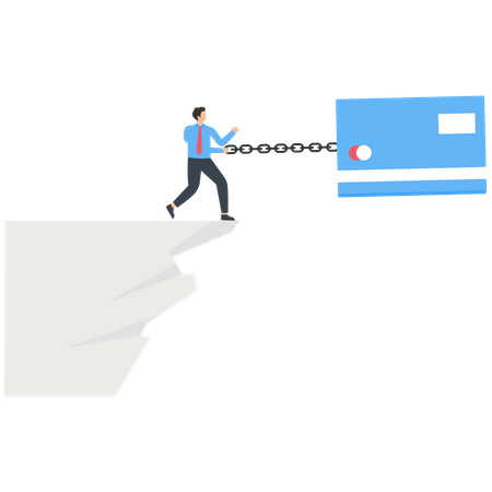 Huge credit cards tie businessmen to the edge of a cliff  Illustration