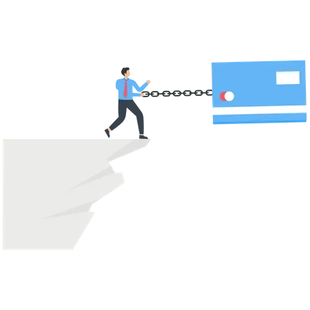 Huge credit cards tie businessmen to the edge of a cliff  Illustration