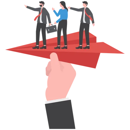 Huge hand holding paper plane and take off with group of businessman  Illustration