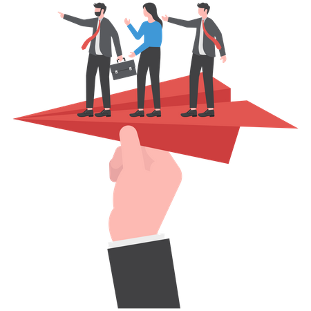 Huge hand holding paper plane and take off with group of businessman  Illustration