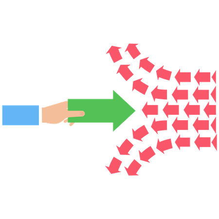 Huge hand holding red arrow to break the forward trajectory of a bunch of small arrows  Illustration