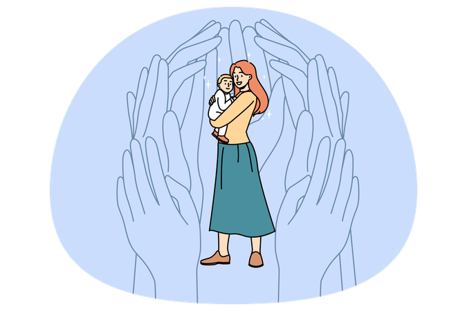 Huge hands help protect young single mother holding baby infant  Illustration