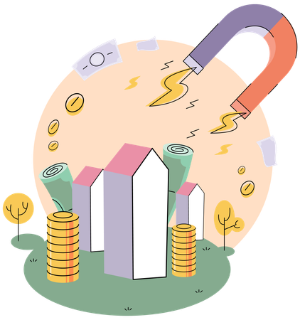 Huge magnet attracts money bills flying around skyscraper  Illustration