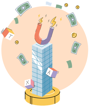 Huge magnet attracts money lying on skyscraper  Illustration