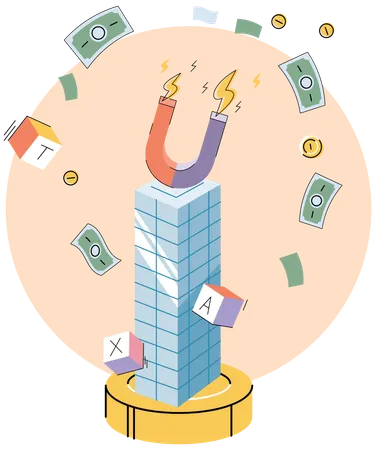 Huge magnet attracts money lying on skyscraper  Illustration