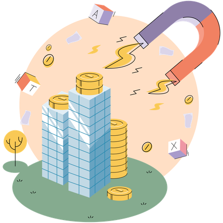 Huge magnet attracts money lying on skyscraper  Illustration