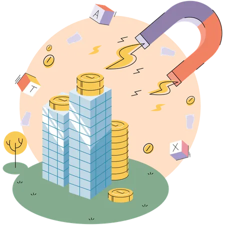 Huge magnet attracts money lying on skyscraper  Illustration
