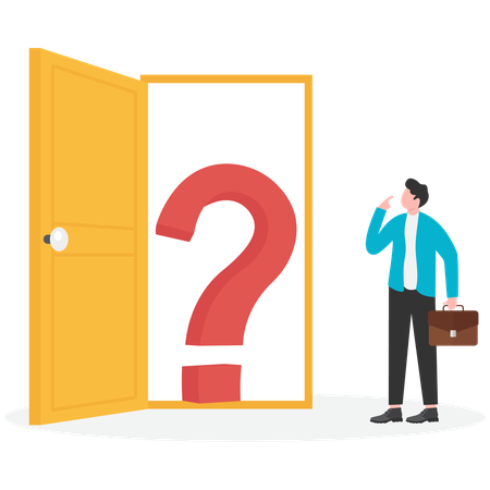 Huge question mark blocks the entrance of businessman door  Illustration