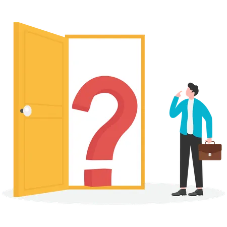 Huge question mark blocks the entrance of businessman door  Illustration