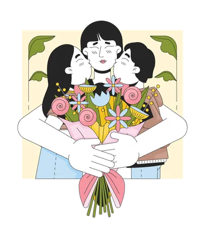 Hugging Mom Congrats Line Cartoon Flat Illustration Asian Mother Children Happy 2 D Lineart Characters Isolated On White Background Flowers Bouquet Embrace Happy Mum Day Scene Vector Color Image Illustration