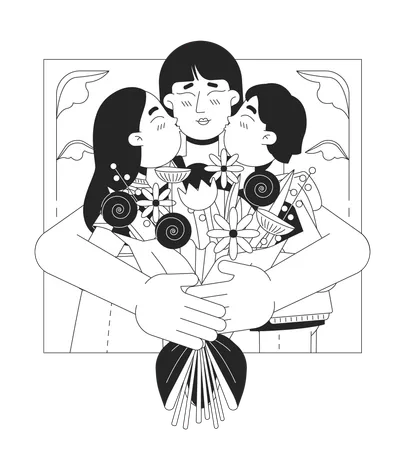 Hugging Mom Congrats Black And White Black And White Line Illustration Asian Mother Children Happy 2 D Lineart Characters Isolated Flowers Bouquet Embracing Mum Monochrome Scene Vector Outline Image Illustration