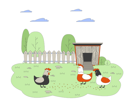 Hühner fressen Getreide auf dem Bauernhof  Illustration