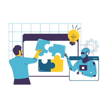 Human and AI Robot Collaborating to Solve Problem together  Illustration