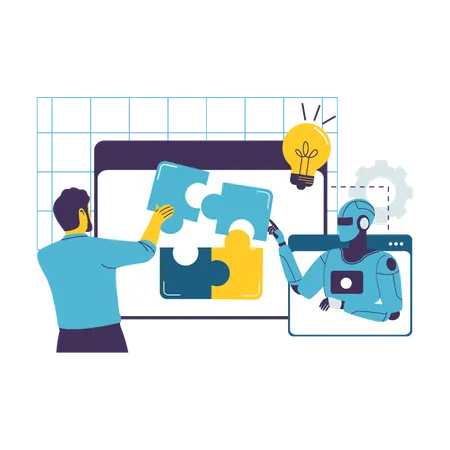 Human and AI Robot Collaborating to Solve Problem together  Illustration