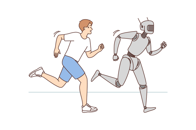 Human and robot doing running race  Illustration