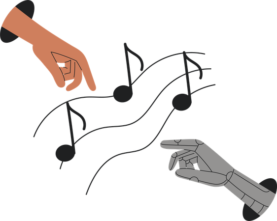 Human and Robot Hands Reaching for Musical Notes Between Artificial Intelligence and Human Artistry  Illustration