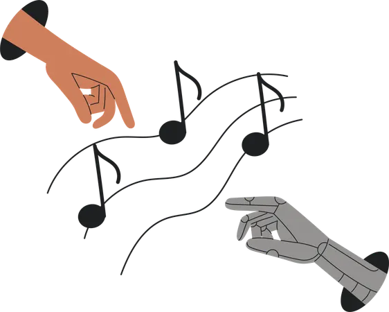 Human and Robot Hands Reaching for Musical Notes Between Artificial Intelligence and Human Artistry  Illustration