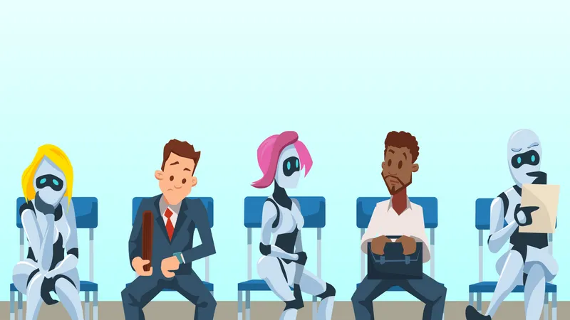 Human and robots sitting in queue Illustration