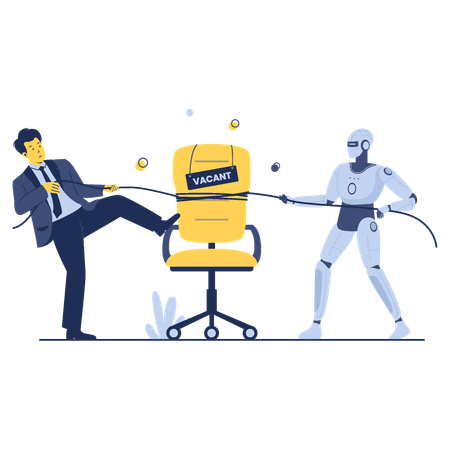 Human Artificial Intelligence and Robots fighting for job vacancies  イラスト