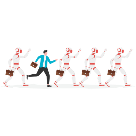 ロボットの群れの中にブリーフケースとコーヒーカップを運ぶ人間のビジネスマン  イラスト