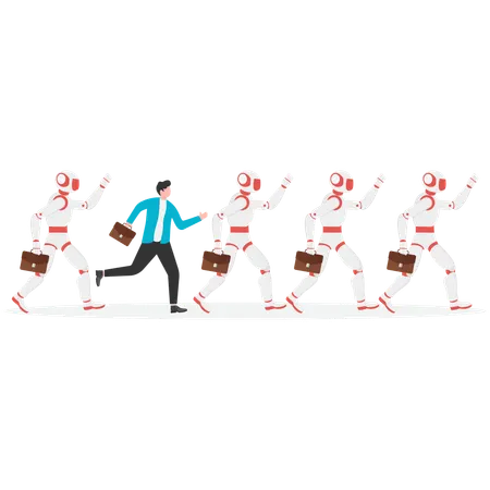ロボットの群れの中にブリーフケースとコーヒーカップを運ぶ人間のビジネスマン  イラスト