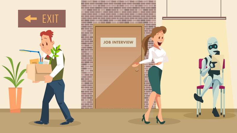 Human employee got fired and robot selected for job  Illustration