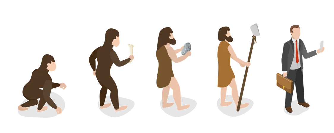 다윈 이론 인간 진화의 3 D 아이소메트릭 평면 벡터 그림 일러스트레이션