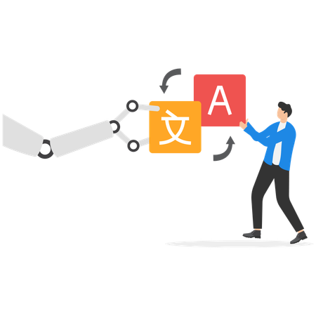 Human hand and robot holding speech bubbles with language signs  Illustration