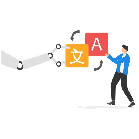Human hand and robot holding speech bubbles with language signs  Illustration