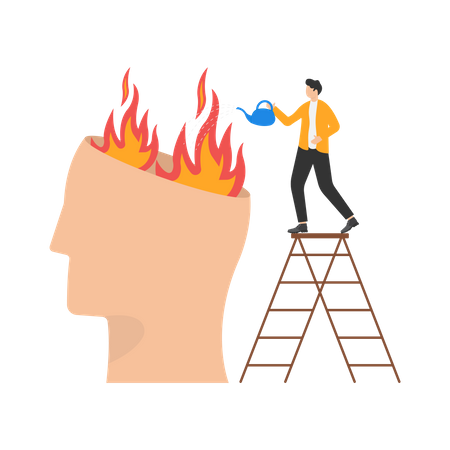 Human hand with watering can put out fire in burning brain  Illustration