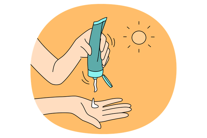 暑い夏の晴れた日に日焼け止めを肌に塗る人間の手  イラスト
