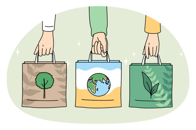 Human hands holding eco-friendly bags with pictures of plant planet and tree  Illustration