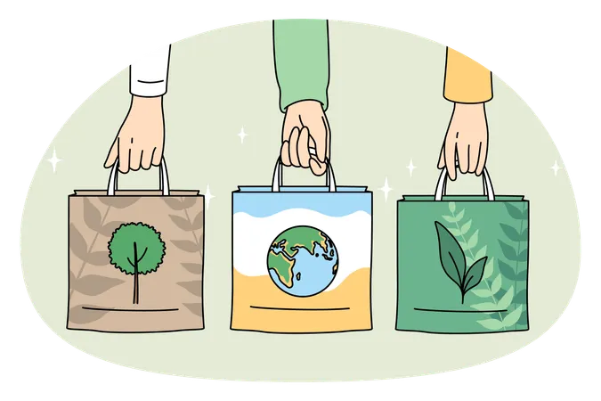 Human hands holding eco-friendly bags with pictures of plant planet and tree  Illustration
