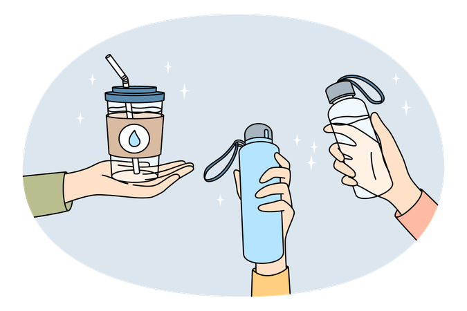 Human hands holding eco-friendly bottles with pictures of drop with water  Illustration