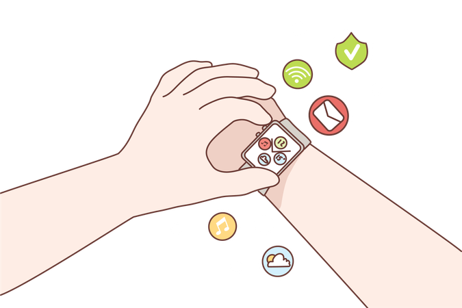 Human hands using digital smart watches with multiple functions on wrist  Illustration