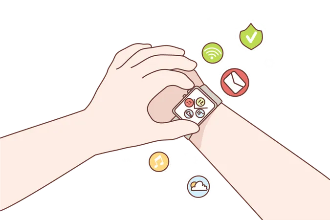 Human hands using digital smart watches with multiple functions on wrist  Illustration