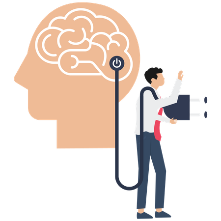 Human head with brain inside and man putting power plug into socket  Illustration