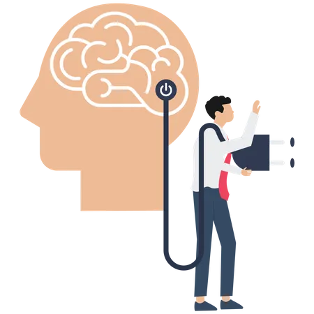 Human head with brain inside and man putting power plug into socket  Illustration