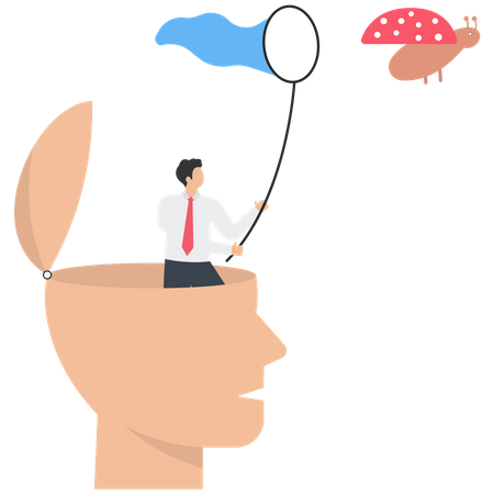 Human head with himself losing focus and distracted by bugs flying around  Illustration