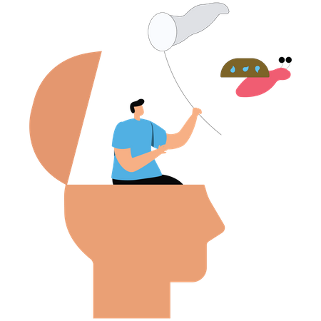Human head with himself losing focus and distracted by bugs flying around  Illustration