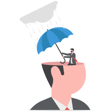Human head with his self using umbrella to protect from heavy raining storm depression  일러스트레이션