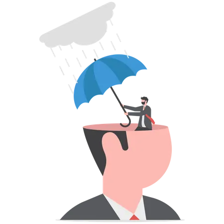 Human head with his self using umbrella to protect from heavy raining storm depression  Illustration